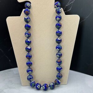 Vintage Chinese Cloisonné Blue Floral Bead Necklace